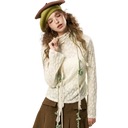 ELFSACK Women Mori Girl Long Sleeve Knit Top with Lace Ruffle Trim, Vintage High Neck Blouse