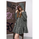 ELFSACK Women's Grunge Plaid Hooded Mini Dress with Letter Embroidery, Button‑Up Long Sleeve Drawstring Waist Dress for Daily