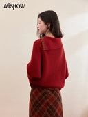 MISHOW Bat Sleeve Splicing Retro Plaid Sweater For Women Winter Red Irregular Collar Loose Thick Warm Knitted Sweater MXE93Z2813