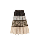 ELFSACK Women's Vintage Maxi Skirt with Floral Patchwork Lace Trim, Boho Tiered Long Bottoms