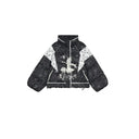 ELFSACK Women's Gothic Cropped Puffer Jacket with Lace Splicing & Figure Print, Contrast Padded Coat for Winter Daily Outfit