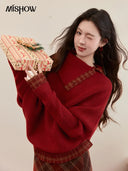 MISHOW Bat Sleeve Splicing Retro Plaid Sweater For Women Winter Red Irregular Collar Loose Thick Warm Knitted Sweater MXE93Z2813