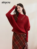 MISHOW Bat Sleeve Splicing Retro Plaid Sweater For Women Winter Red Irregular Collar Loose Thick Warm Knitted Sweater MXE93Z2813