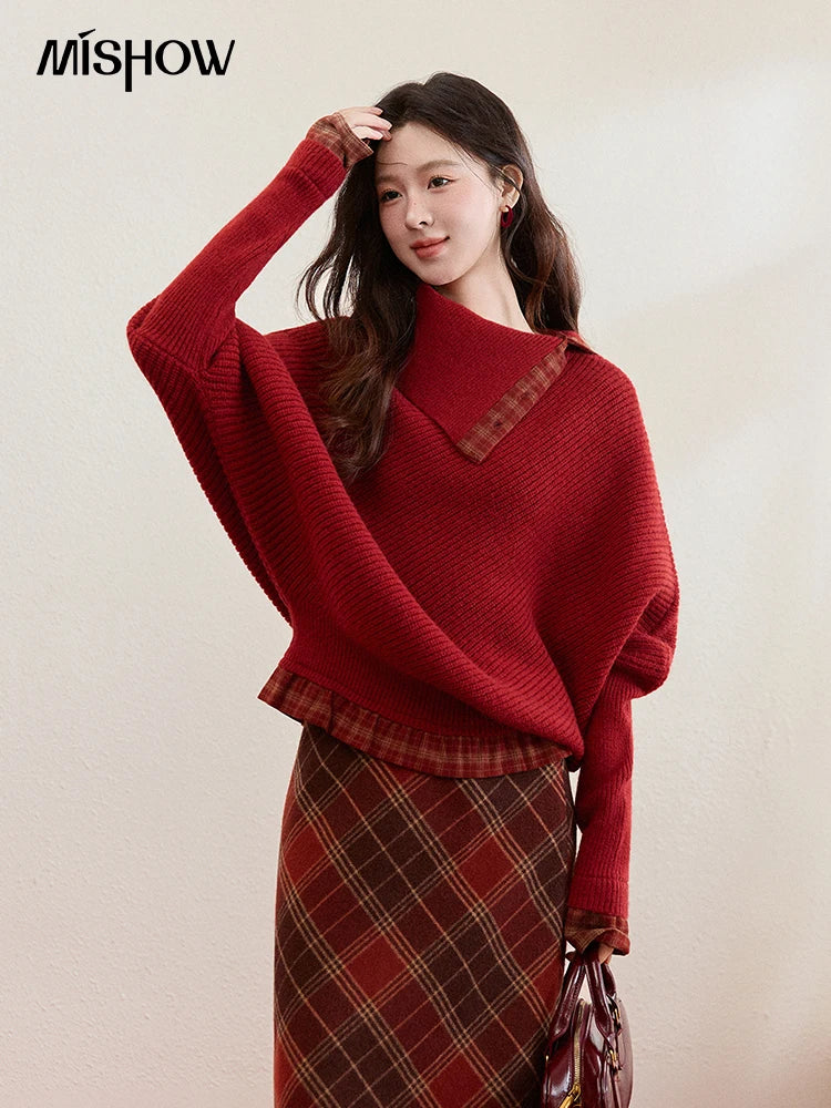 MISHOW Bat Sleeve Splicing Retro Plaid Sweater For Women Winter Red Irregular Collar Loose Thick Warm Knitted Sweater MXE93Z2813