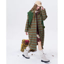 ELFSACK Women's Vintage Plaid Wool Coat with Turn‑down Collar, Oversized Long Outerwear