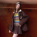 ELFSACK Women's Y2K Cropped Knit Cardigan with Stripe Design, Flare Long Sleeve Button Sweater, Chic Casual Top
