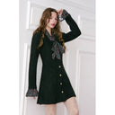 ELFSACK Women's Sparkle Knit Dress Long Sleeve Puff Shoulder Cherry Print Patch Sweet Goth Black