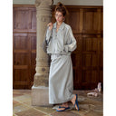 ELFSACK Women Y2K Two‑Piece Outfit with Bow Stripe Zip‑Up Jacket & Lace Trim Midi Skirt Daily Wear