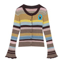 ELFSACK Women's Y2K Cropped Knit Cardigan with Stripe Design, Flare Long Sleeve Button Sweater, Chic Casual Top
