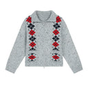 ELFSACK Women's Vintage Collared Knit Cardigan with Argyle Jacquard Pattern, Zip‑Up Long Sleeve Sweater
