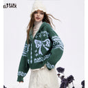 ELFSACK Women's Vintage Hooded Knit Cardigan with Folk Jacquard Pattern, Zip‑Up Cropped Sweater Coat, Aesthetic Outerwear Winter