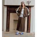 ELFSACK Women Y2K Two‑Piece Outfit with Bow Stripe Zip‑Up Jacket & Lace Trim Midi Skirt Daily Wear