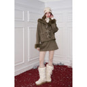 ELFSACK Women's Cute Two‑Piece Outfit with Fur Trim & Toggle Buttons, Cropped Hooded Coat and Mini Skirt